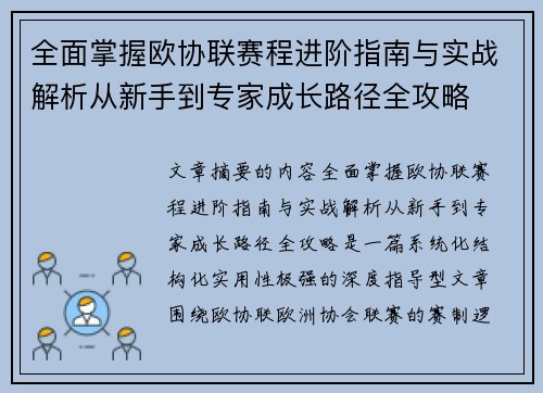全面掌握欧协联赛程进阶指南与实战解析从新手到专家成长路径全攻略