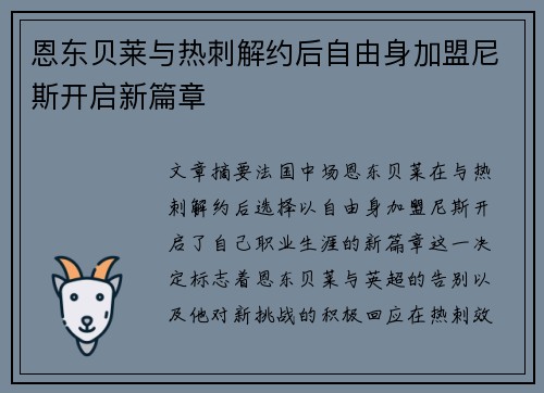 恩东贝莱与热刺解约后自由身加盟尼斯开启新篇章